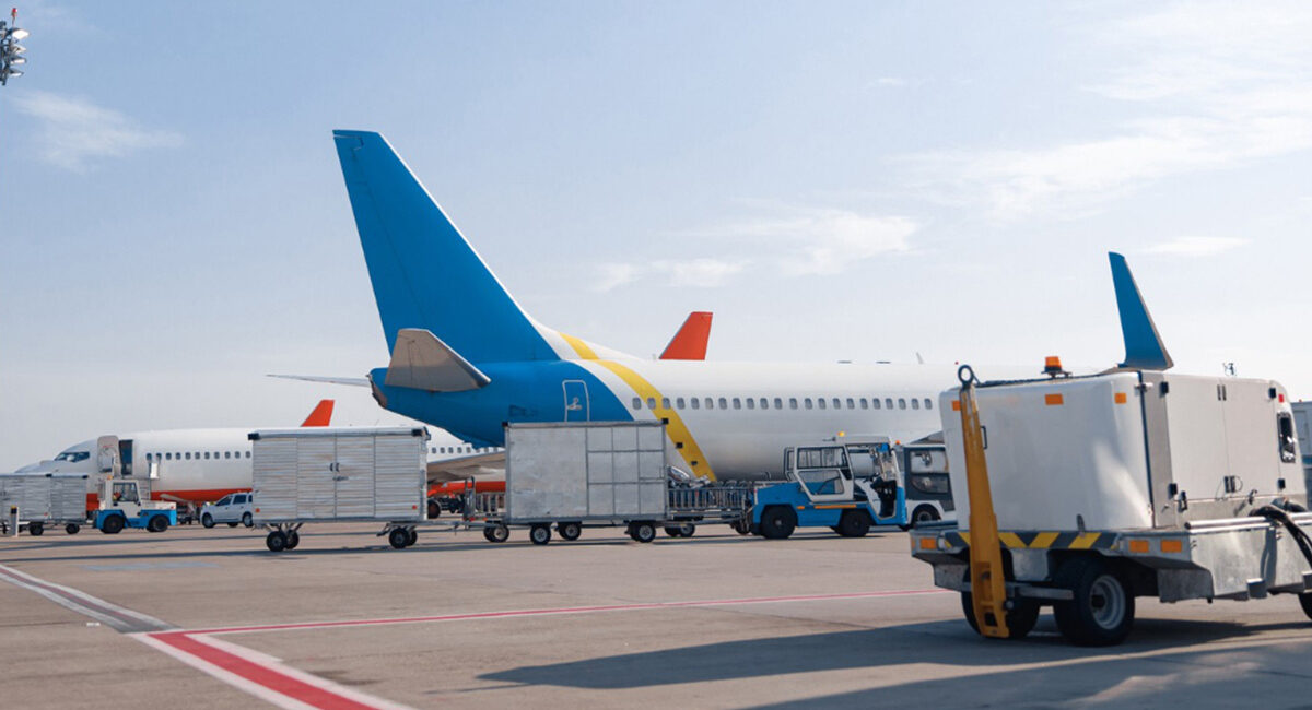 Cargo aircraft being loaded on the apron