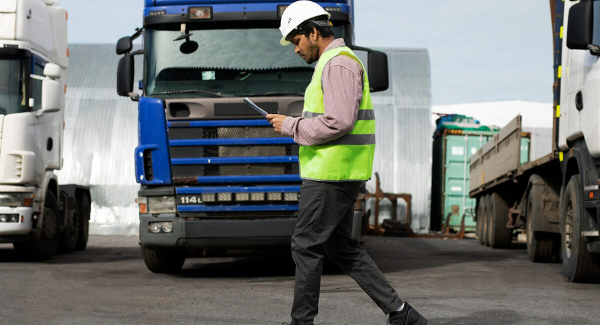 Operations supervisor walking through a truck yard